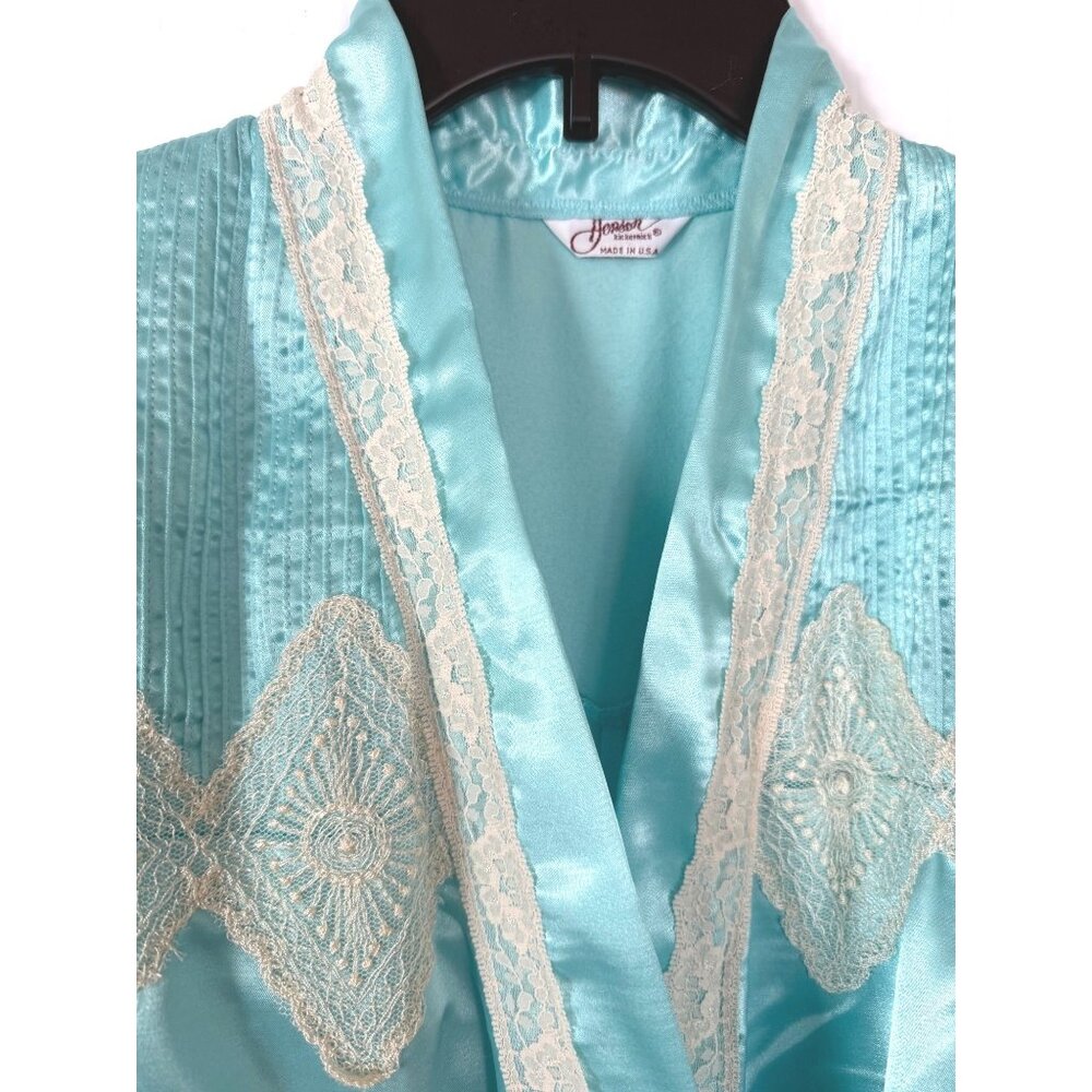 size S Vintage Aqua Satin Robe Lace Trim Silkalure Women's Long Sleeves Belted s - Picture 7 of 9